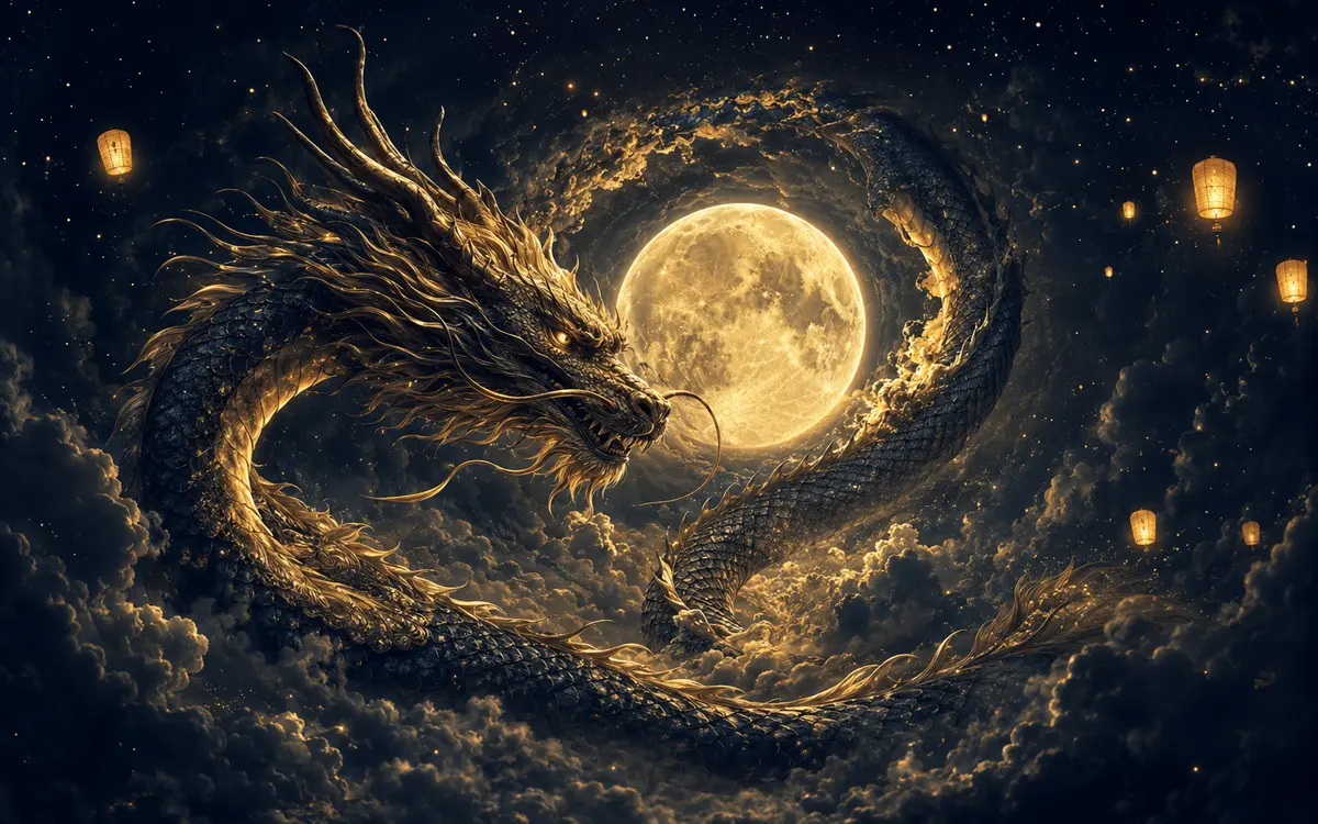 Dragon céleste entourant la pleine Lune dans un ciel bleu nuit et or